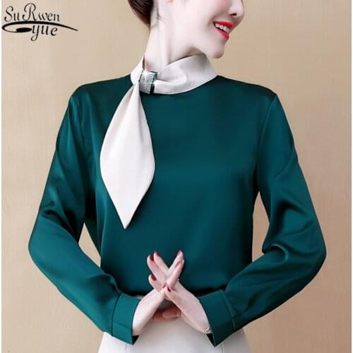 2021 Autumn Solid Long Sleeve Womans Shirts Korean Overalls for Women Bow Collar Elegant Slim Pullover Womans Blouses 10548