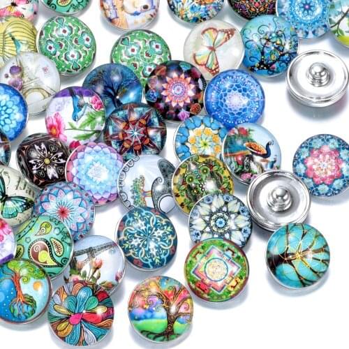 50pcs/lot Mixed Exotic Wisdom Life Tree Pattern & Styles Charms 18mm Glass Snap Button For DIY Bracelet Snaps Jewelry KZHM015