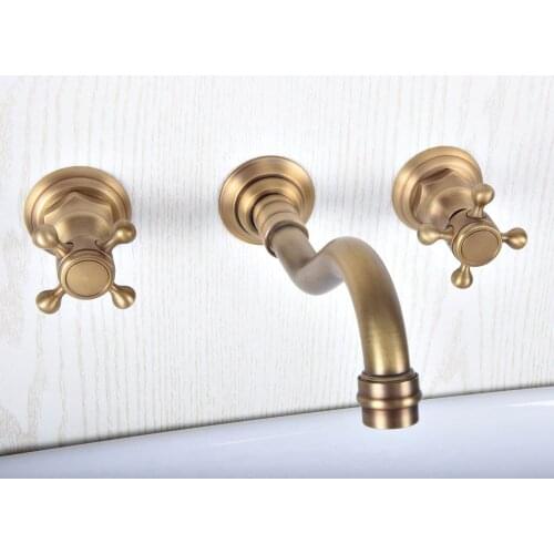 Antique Brass 3 Holes Widespread Bathroom Basin Sink Faucet Wall Mount Dual Handle Mixer Tap Lsf512