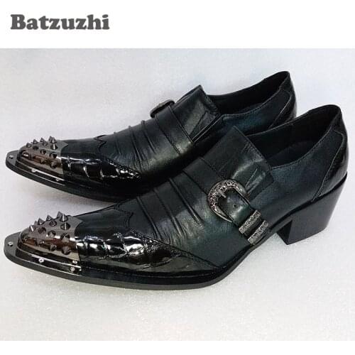 Batzuzhi New Black Men Dress Shoes Leather Pointed Iron Toe Buckle Soft Leather Business Dress Shoes Party Sapatos Masculino, 46