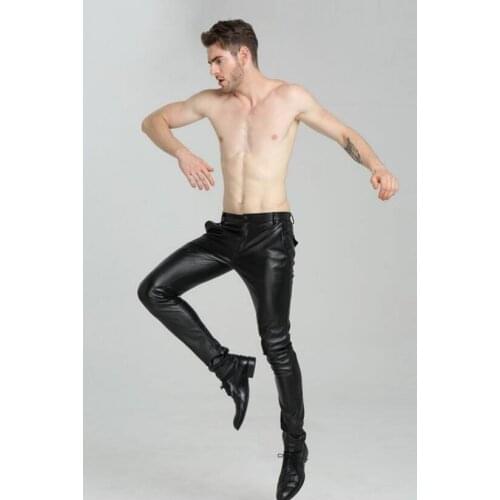 Thin faux leather pants mens feet pants fashion motorcycle pu trousers for men korean Free shipping pantalon homme black