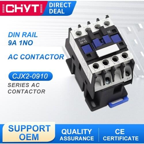 CJX2-0910 LC1-D0910 AC Contactor 9A 3 Phase 3-Pole 380V 220V 110V 36V 24V 50/60Hz Din Rail Mounted 3P+1NO Normal Open
