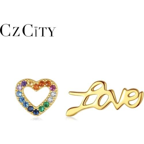 CZCITY Cute LOVE Stud Earrings for Women Rainbow CZ Stone Small Heart 925 Silver Fine Jewelry Dating Christmas Gifts HZE-022
