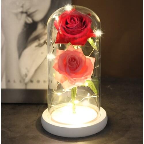 Home Decor Romance Artificial Flower Glass Cover Beauty And Beast Two Rose Led Battery Lamp Birthday Valentines Day Mother Gift