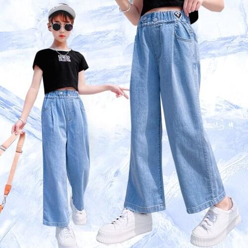 Summer Jeans for girls clothing Thin Ice silk Soft Denim Pants Solid Blue Jeans Loose cool Casual cowboy Pants Childrens bottoms
