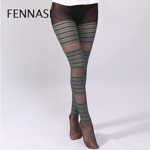 FENNASI Female Jacquard Striped Womens Tights Green Gray Striped Pattern Sexy Pantyhose Nylons Lady Female Erotic Black Tights