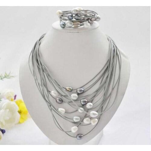 Hot sell Noble- P5225 15row 13mm black white gray rice pearl gray leather necklace & bracelet Meticulous and picturesque