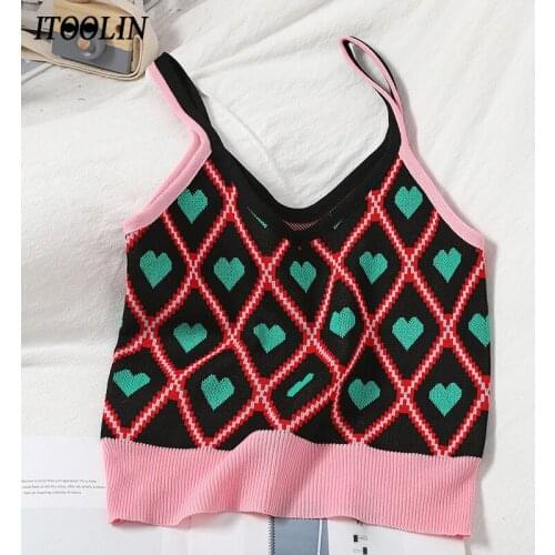 ITOOLIN Spring Summer Cute V Neck Crop Y2k Top Tank Women Patchwork Knitted Camisole Corset Korean Love Vest Slimming Bustiers