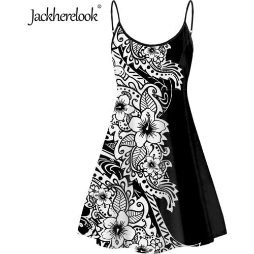 Jackherelook Polynesian Tribal Hibiscus Brand Designer Womens Black Slip Dress Casual Sleeveless Beach Dresses for Girls Mujer