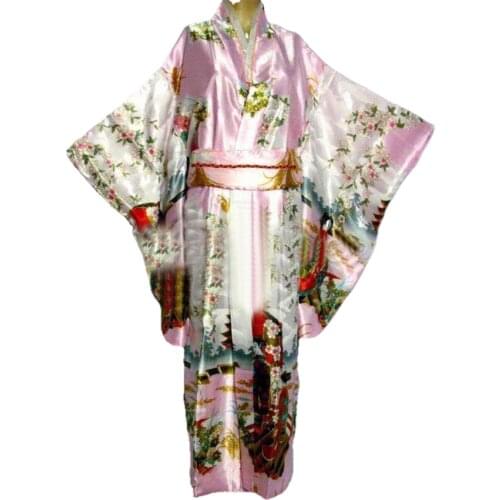 Pink Japanese Womens Silk Satin Kimono Yukata Evening Dress Haori Kimono With Obi peri One Size H0016-C