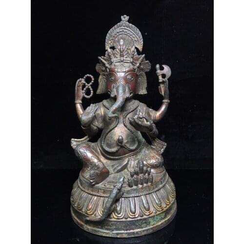 Chinese Folk Collection Old Bronze Cinnabar Lacquer Four arms Elephant Trunk God of Wealth Sitting Buddha Ornaments Town House
