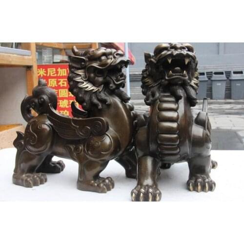Chinese Bronze Copper Wealth Dragon kylin Brave troops Pixiu Unicorn Statue Pair