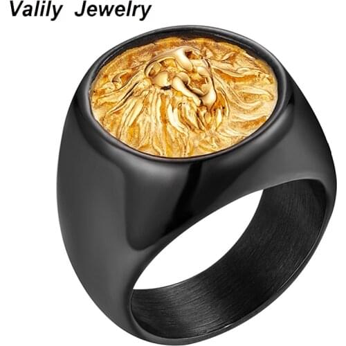 Valily Men Ring Punk Gold Black Lion Ring 316L Stainless Steel Biker Round Animal Rings Jewelry for Men US Size 7-14 Drop Ship