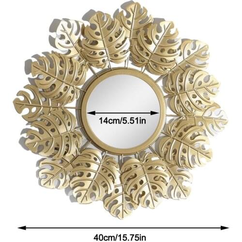 Hanging Mirror Wall Iron Frame Round Decorative Wall Mirror Golden Leaf Wall Mirror for Living Room Bedroom Office Home Decor