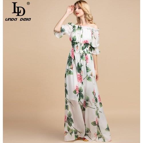 LD LINDA DELLA Summer Fashion Boho Maxi Dress Womens elastic Waist Casual Rose Floral Print Holiday Elegant Party Long Dress
