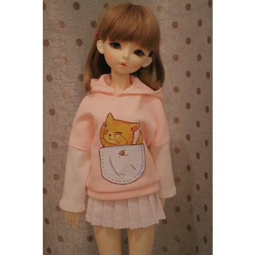 New Cute Dolls Clothing Long Sleeve Hoodie Cat Fleece white Pleated Skirt for 1/4 1/6 bjd Dolls accessories clothes for dolls