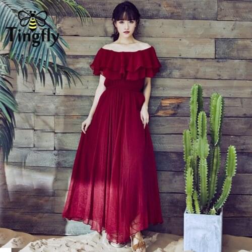 Tingfly Sexy slash neck ruffle boho solid maxi dress Waist tie long dress women Summer beach loose casual maxi vestidos Boho
