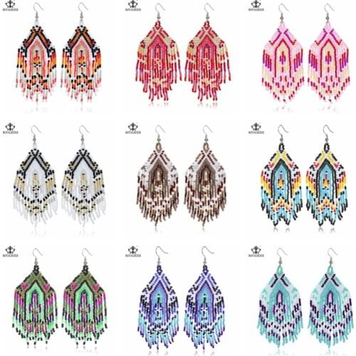RoyalBeiery Beaded Earrings Bohemian Multicolor Beaded Fringe Pendant Earrings Handmade Wedding Jewelry Handmade 1 pair