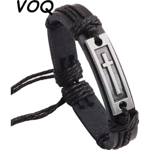 VOQ Punk Style Cross Bracelets for Unisex Handmade Adjustable Bracelet Bangel Fashion Vintage Leather Simple Jewelry Pulseras
