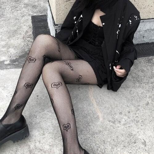 Japanese Gothic Style Women Sexy Hollow Out Fishnet Black Pantyhose Heart Jacquard See-Through Slim Tights Stockings Party Clubw