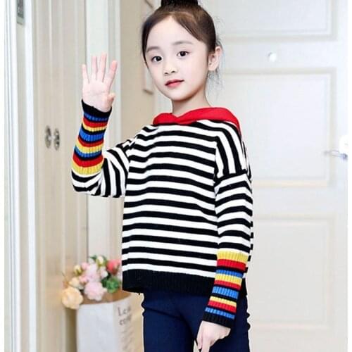 Colorful Striped Patchwork Sweatshrits For Kid Hooded Knit Autumn Hoodies Clothing Girls Sport Tops Long Sleeve Children Clothes