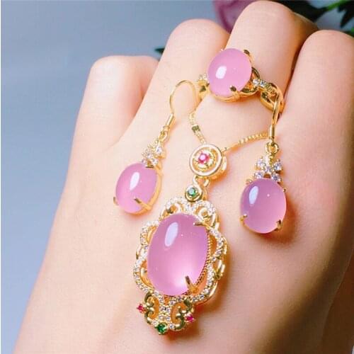 Natural ice seed powder chalcedony Pendant 925 silver inlaid womens Ring Earrings