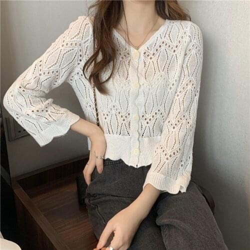 Button Up Shirt Summer New Korean Version of The Net Red Thin Section Openwork Cardigan Sweater Female Gentle Style French Top
