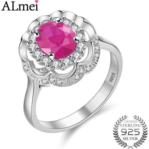 Almei Fine Gem Oval Ruby Flower Wedding Ring Real Pure Solid 925 Sterling Silver Women Red Zircon Jewelry with Box 10% CJ011