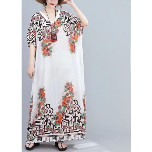 Women Loose Casual Dress New Arrival 2021 Summer Vintage Style V-neck Color Print Female Long Dresses FC888