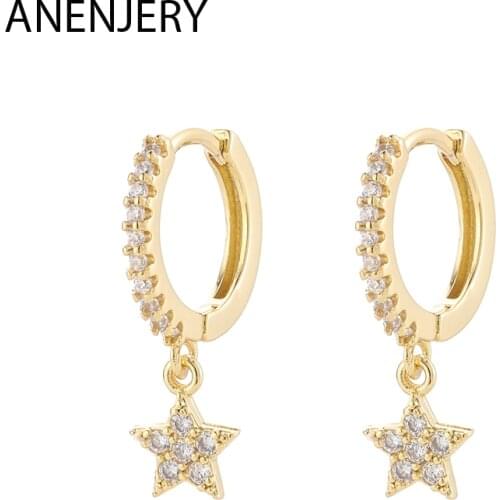 ANENJERY 925 Sterling Silver Shiny Inlaid Micro Cubic Zircon Star Hoop Earrings Ear Jewelry For Women Party Gifts S-E1132