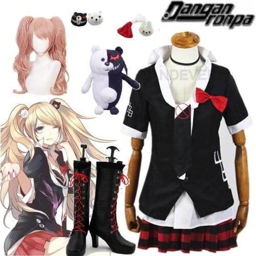 Dangan Ronpa Danganronpa Enoshima Junko Cosplay Wig Pink Long Wavy with Ponytail Clip Heat Resistant Wig Bear Hairpins Costume