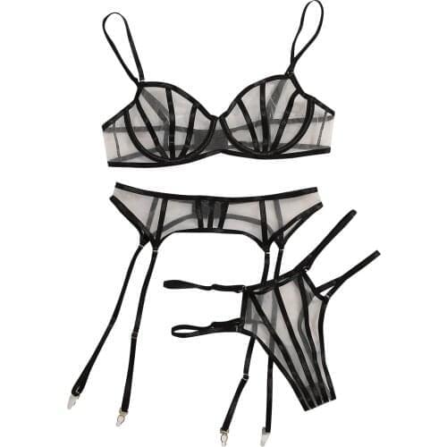 Women Transpanrent Lingerie Set Lace Black Hem Underwire Bra Thong Garter Belt Suit Ladies Underwear Tops+Briefs Set lenceria