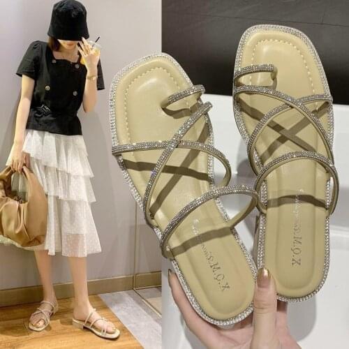 Summer fairy wind sleeve toe slippers outside wearing i fashion water drill flat bottom cool drag in the thick and soft bottoms