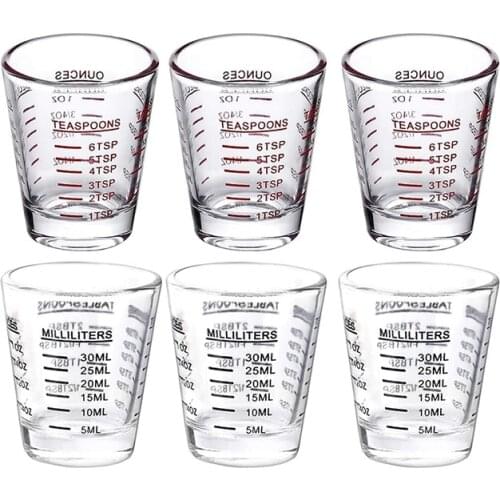 6Pcs Measuring Cup Espresso Shot Glass Liquid Heavy Glass Wine Glass 26-Incremental Measurement 1Oz, 6 Tsp, 2 Tbs, 30Ml