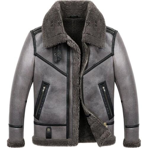 Mens Sheepskin Shearling Coat B3 B6 Mens Sheepskin Bomber Jacket Fur Coat Gray Color