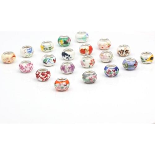 New 14x9mm 6PCS/lot Big Hole Beads Silver Plated Flower Charms Ceramic Beads DIY Bracelet & Necklace Fit European Charm