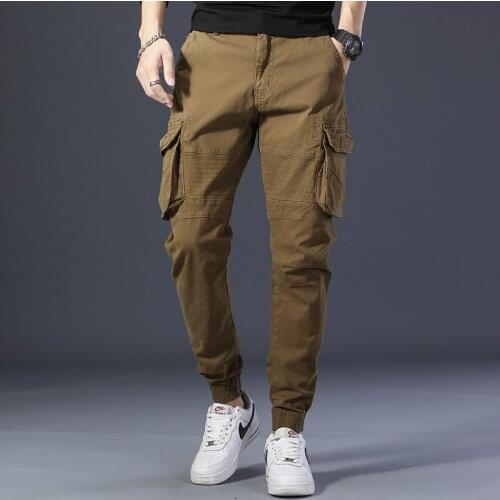 Autumn Mens Water Wash Cotton Micro Elastic Slim Pants Casual Hip Hop Jogger 2020 New Solid Multi Pocket Sports Pants