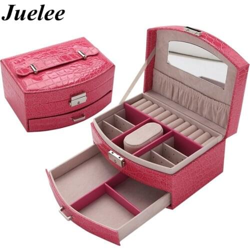Juelee Luxury PU Leather Crocodile Grain Jewelry Box 3 Layers Fashion Jewelry Storage Box Packaging Case Organizer