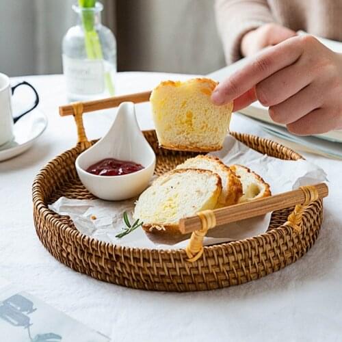 Hand Woven Rattan Wicker Basket Food Fruit Tray Basket Bread Fruit Snack Picnic Baskets Living Room Desktop Woven Storage Basket