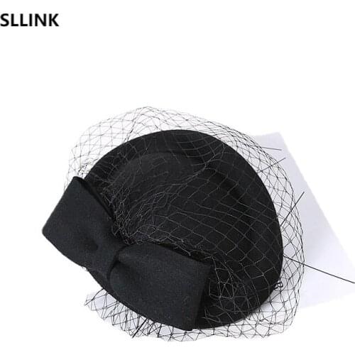 French English wool top hat autumn winter Vintage bow felt hat womens lace mesh Beret beanie hats bonnets for women
