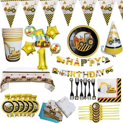 Construction Tractor Birthday Party Tableware Truck Ballon Vehicle Banner Tablecloth Napkin Cake Topper Construction Party Decor