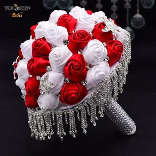 TOPQUEEN F4-WRDElegant Custom Silk Roses Wedding Bouquets for Bridesmaid Decoration Rhinestone Pearl Tassel Bouquet New Arrival