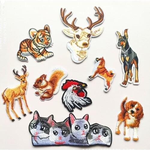 Wolf Tiger Elephant Punk Animal Patches Iron On Embroidery Elephant Goat Cat Cloth Appliques 3D Diy Cartoon Cat Clothes Decor