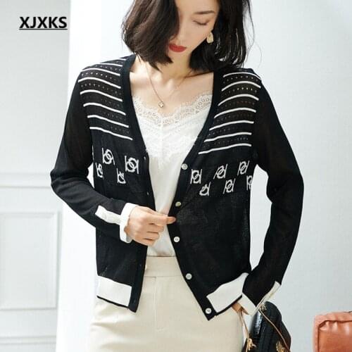 XJXKS 2021 spring autumn new high-quality linen knitted cardigan women jacket casual single-breasted cardigan women thin sweater