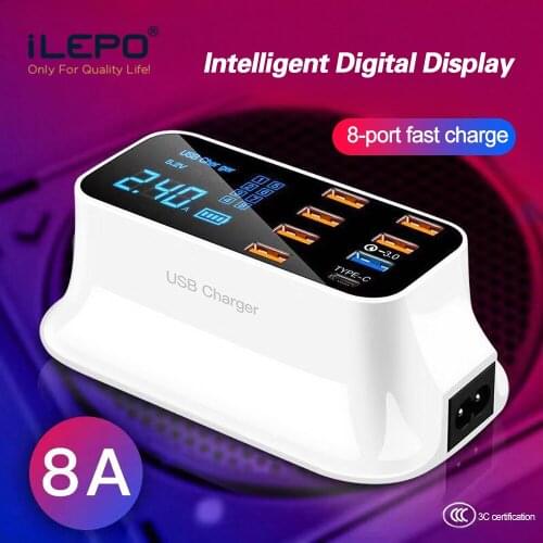 8 Ports QC3.0 Type C USB Charger For Android iPhone Adapter Phone Tablet Digital Display Fast Charger For Xiaomi Huawei Samsung