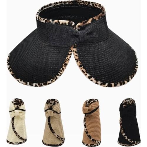 New Summer Sun Hats Ladies Bow Elegant Wide Brim Hat Female Leopard Printing Floppy Straw Beach Hat Women