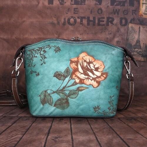 High Quality Retro Cowhide Women Bag 2021 Summer Ladies Genuine Leather Leisure Large Capacity Floral Shoulder Crossbody Bags
