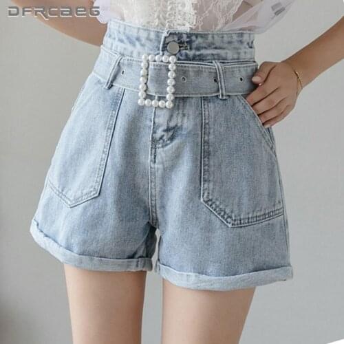 Summer Wide Leg Woman Denim Shorts With Belt 2021 High Waist Loose Streetwear Vintage Crimping Short Jean Light Blue