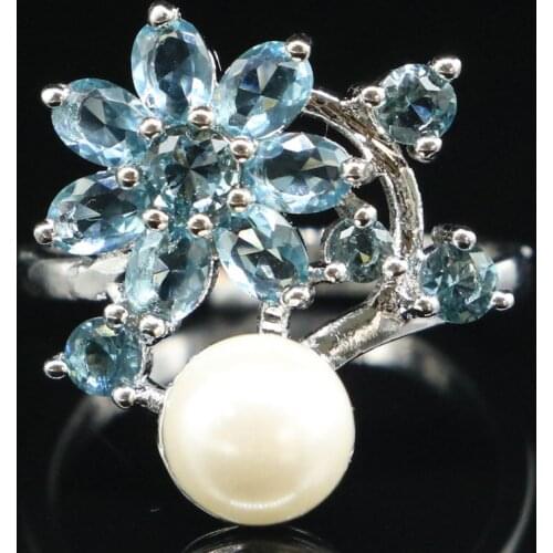 14x12mm SheCrown Gorgeous Created London Blue Topaz White CZ For Ladies Silver Rings Daily Wear