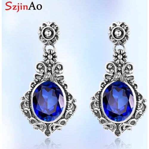 Szjinao Blue Sapphire Gemstone Earrings 925 Sterling Silver Women Drop Earrings Handmade Elegant 2020 New Brand Fashion Jewelry